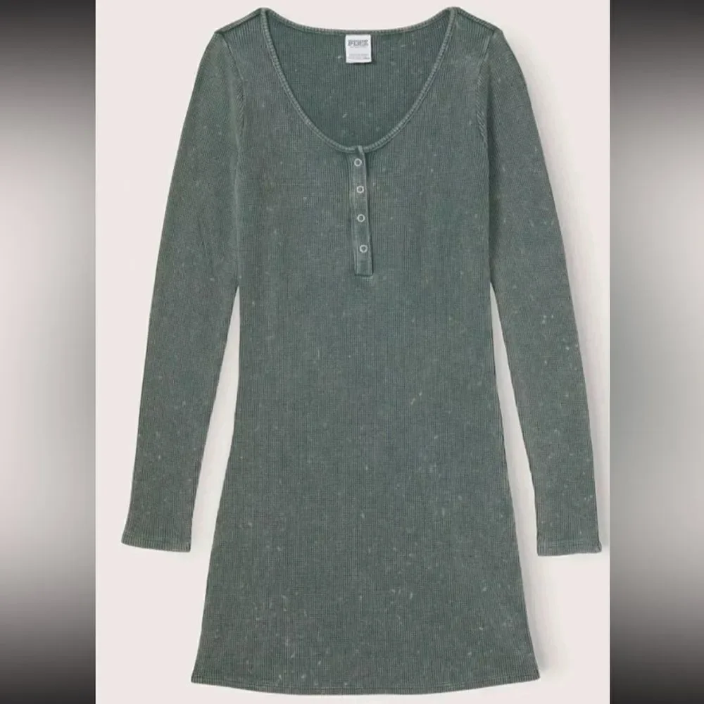 Victoria’s Secret Pink Thermal Long Sleeve Henley Dress Nightgown Satin Green XL
